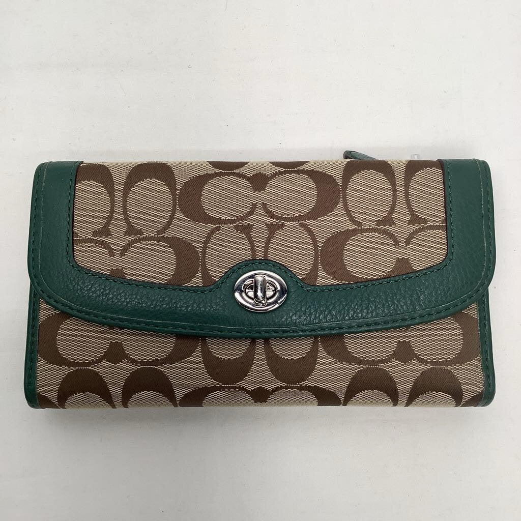 Coach Wallet Turnlock w/Checkbook Cover Signature/Green Leather