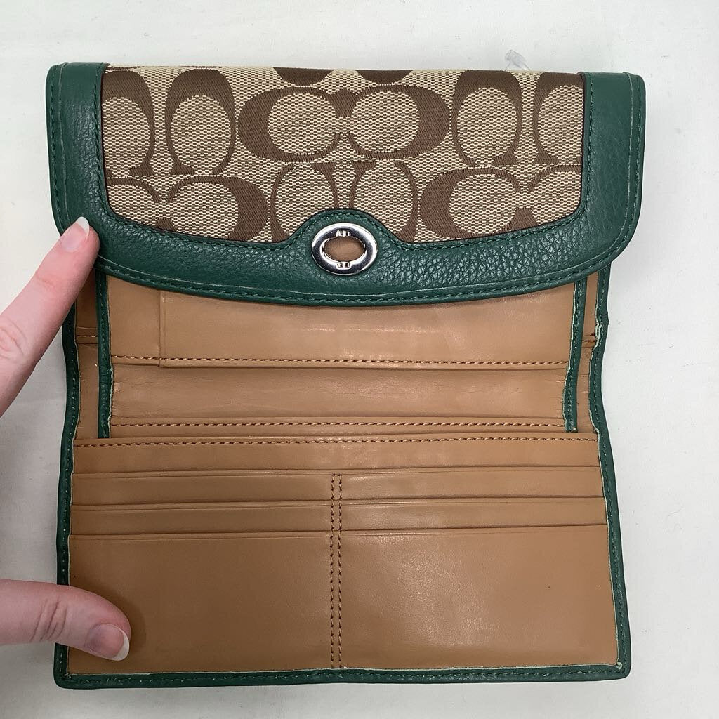 Coach Wallet Turnlock w/Checkbook Cover Signature/Green Leather