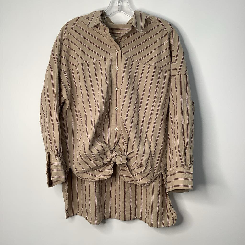 Pilcro and the letterpress Long Sleeve XS Tan/ Red Stripe