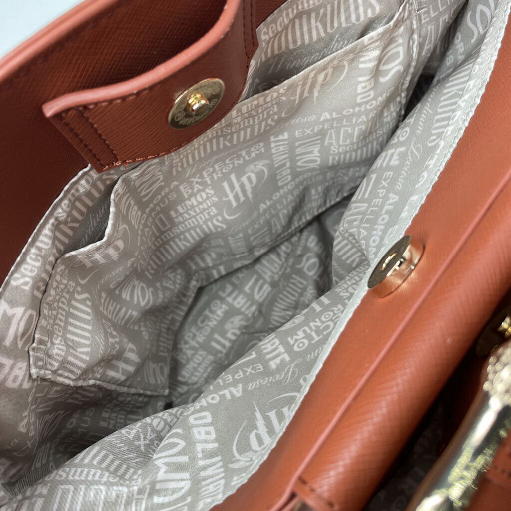 Loungefly Purses 12.5"x9"x5" Cognac Brown/Deathly Hallows/Gold Elderwand