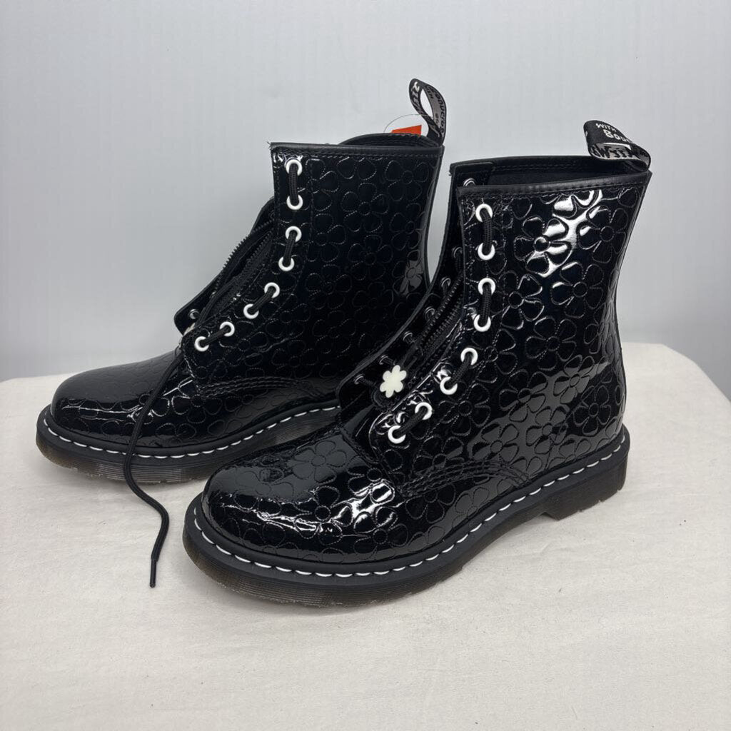 Dr. Martens Boots 11 Black Patent Flower Emboss